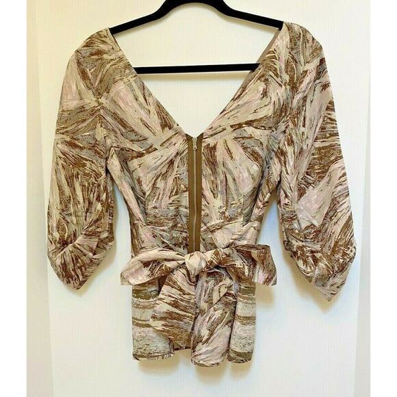 BCBG MaxAzria Silk Top Tan Prairie Tieback Print S - Picture 2 of 7